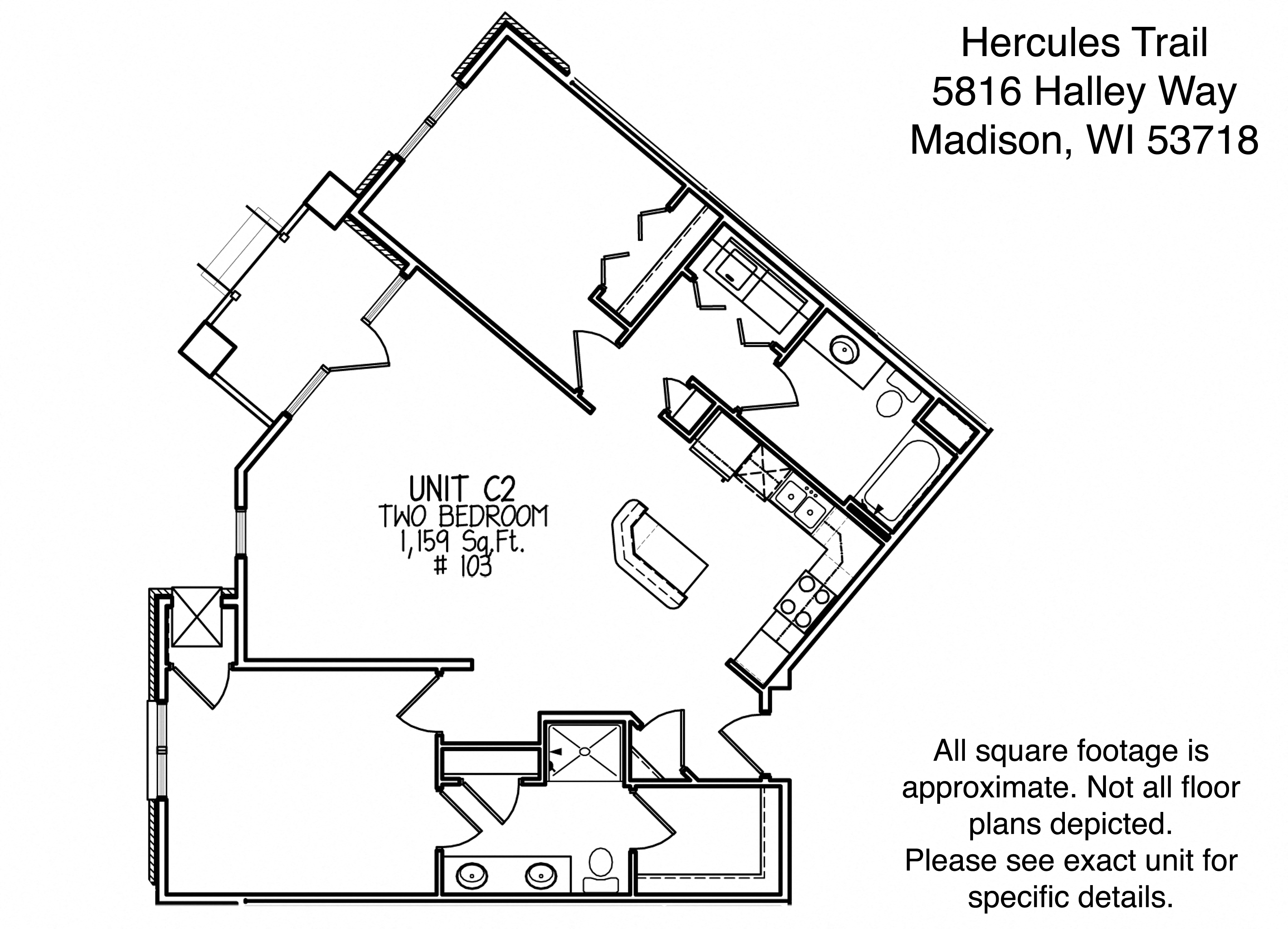 Floor plan for 2 beds, 2 baths, 1159 sqft